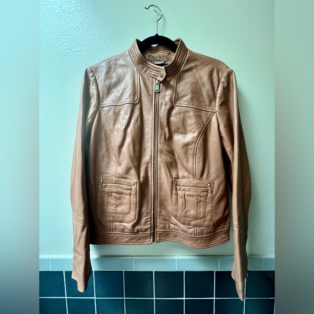 Bernardo Tan Leather Zip-Front Jacket